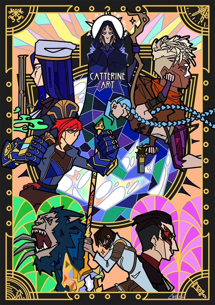 Stained glass with Caitlyn, Vi and Vander on the left; Viktor and Jayce on the middle and Ekko, Jinx and Silco on the right.