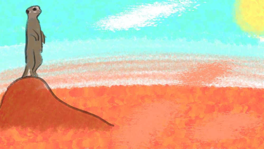 Dessin d'un suricate debout sur une motte regardant le soleil. Effet Pastel