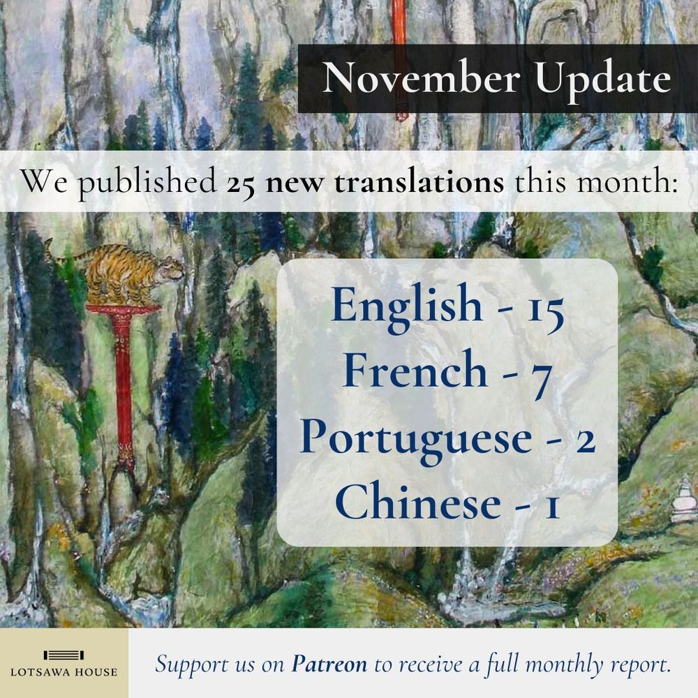 Detail from a painting by Drugu Choegyal Rinpoche overlaid with monthly totals for translations into various languages.