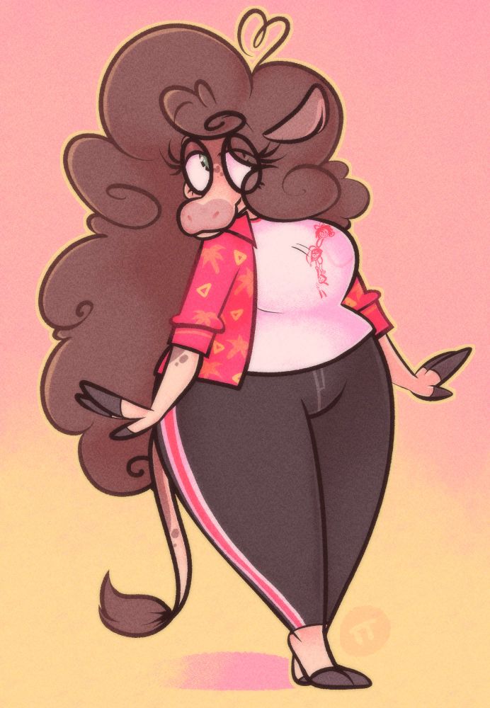 Art of an anthro cow character. She has brown hair, cream and brown fur, grey hooves, and a pink nose.