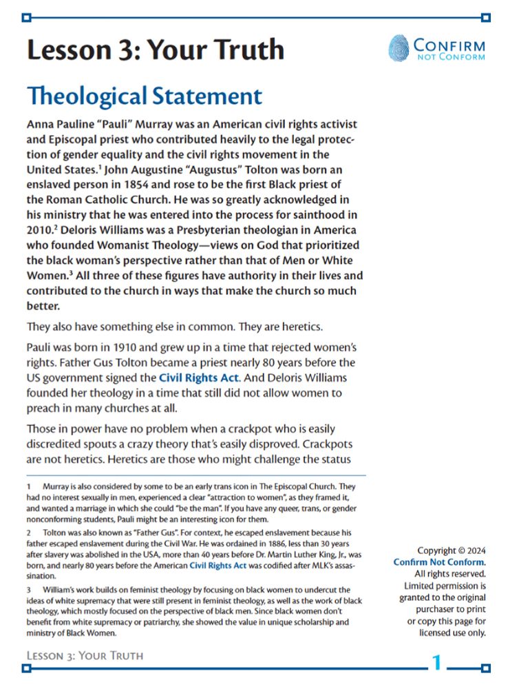 [screenshot: first page of "Lesson 3: Your Truth"—which gives the Theological Statement underpinning the lesson.]