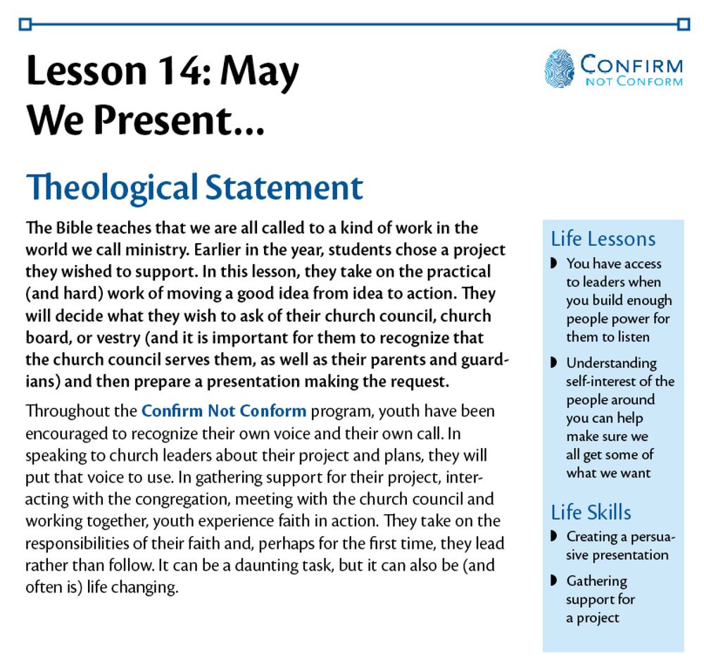 Lesson 14: May We Present… Theological Statement, plus basis for the lesson, life lessons and skills addressed