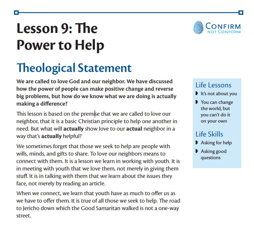 screenshot: first page of "Lesson 9: The Power to Help"—which explains the theological basis for the lesson, as well as targeted outcomes.