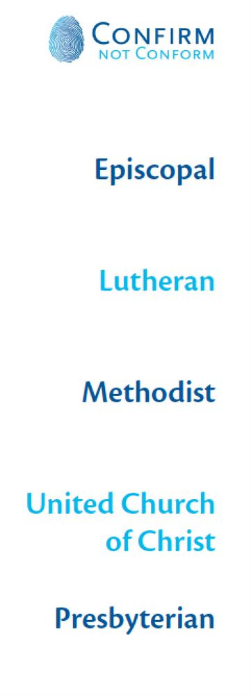 Graphic showing "Episcopal — Lutheran — Methodist — United Church of Christ — Presbyterian". These are the mainline progressive denominations for which Confirm Not Conform provides customization resources.