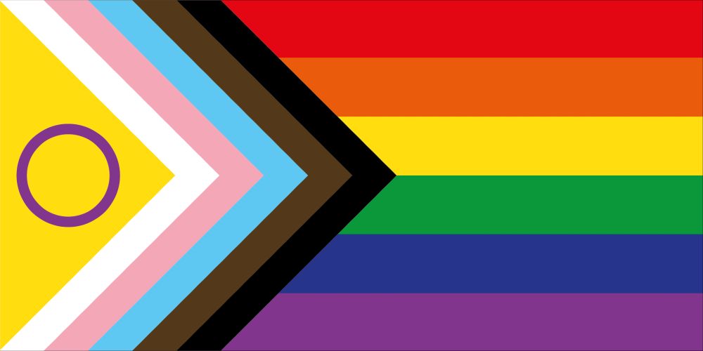 The Progress Pride Flag by designer Daniel Quasar. Per Wikipedia: "While retaining the common six-stripe rainbow design as a base, the 'Progress' variation adds a chevron along the hoist that features black, brown, light blue, pink, and white stripes to bring those communities (marginalized people of color, trans people, and those living with HIV/AIDS and those who have been lost) to the forefront; 'the arrow points to the right to show forward movement, while being along the left edge shows that progress still needs to be made.’"
