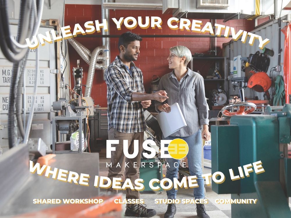 A postcard for Fuse33 Makerspace. It shows two people in a workshop and the text, "Unleash your creativity. Where ideas come to life. Shared workshop. Classes. Studio spaces. Community."