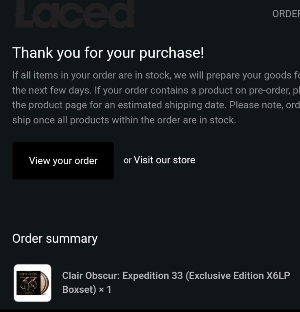 An order confirmation for the Clair Obscur: Expedition 33 Vinyl Boxset.