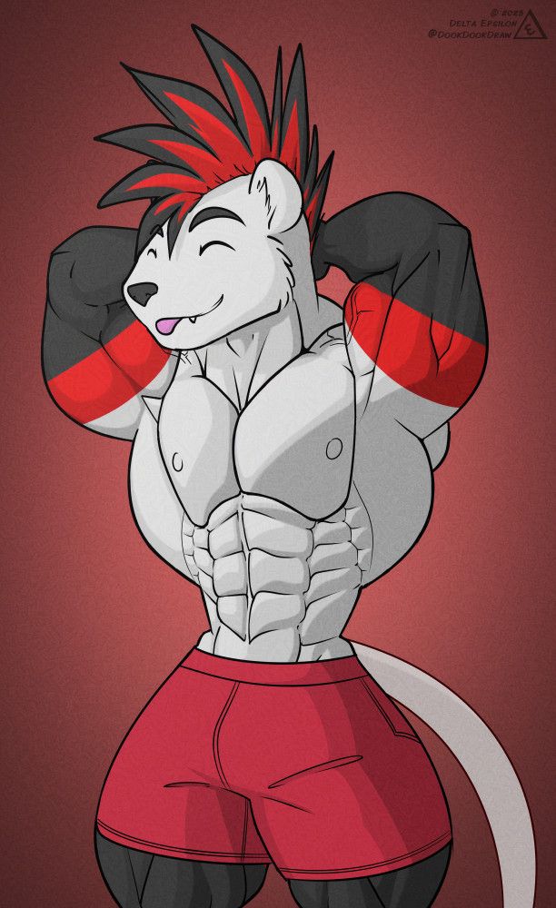 Furry art of my character Delta, an anthropomorphic weasel. He is posing shirtless with his arms up behind his head to show off his muscular body. He smiling with closed eyes and his tongue stuck out playfully.