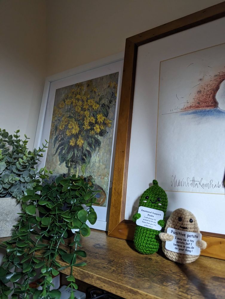 Pictures and plants on shelf.