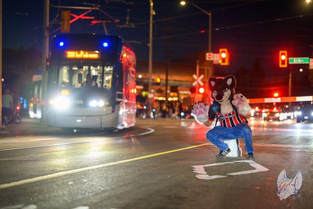 Picture of me on an empty street posing with a iON LRT train going past