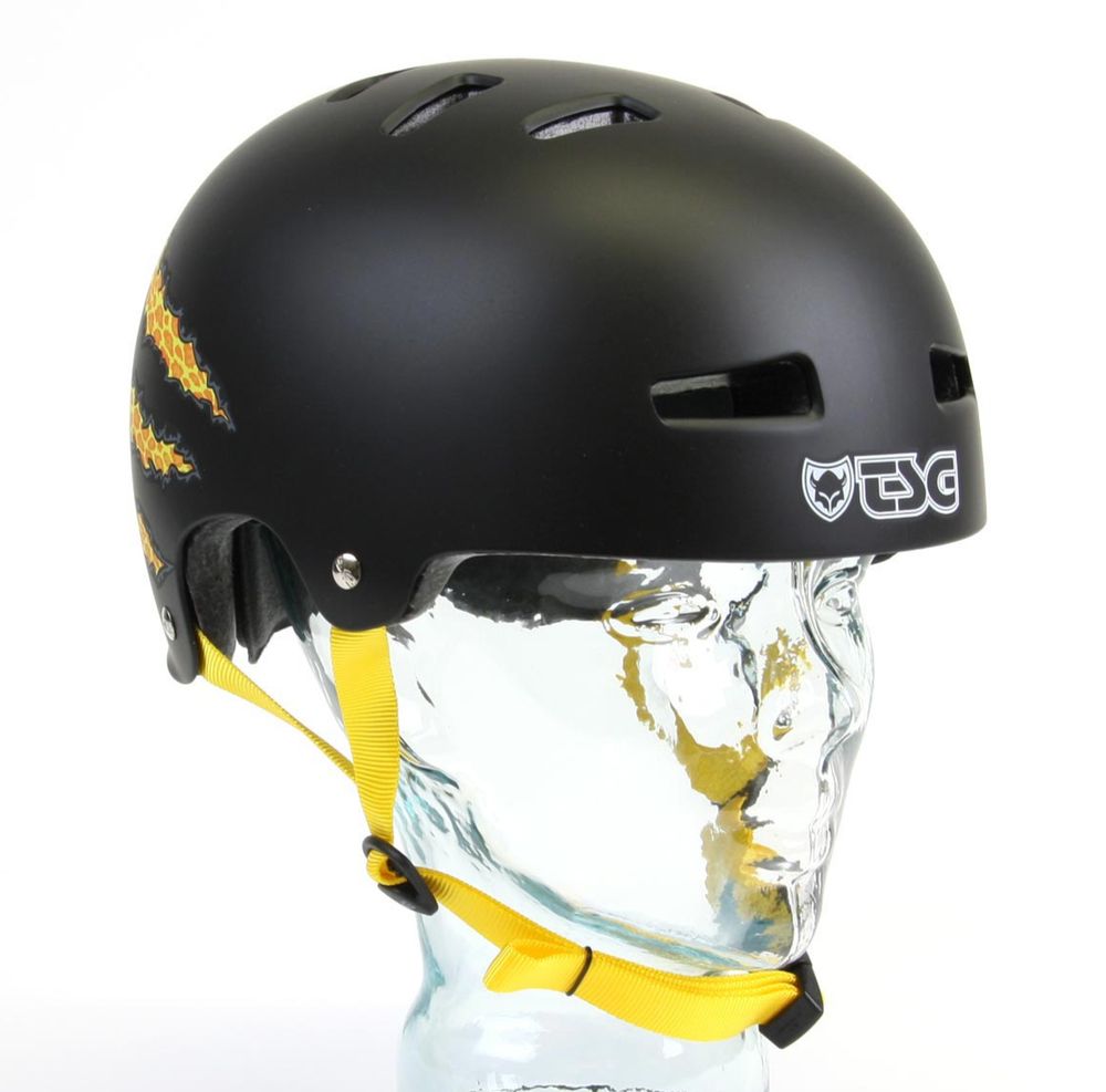 A black and yellow BMX cycle helmet which is mentioned in the podcast.