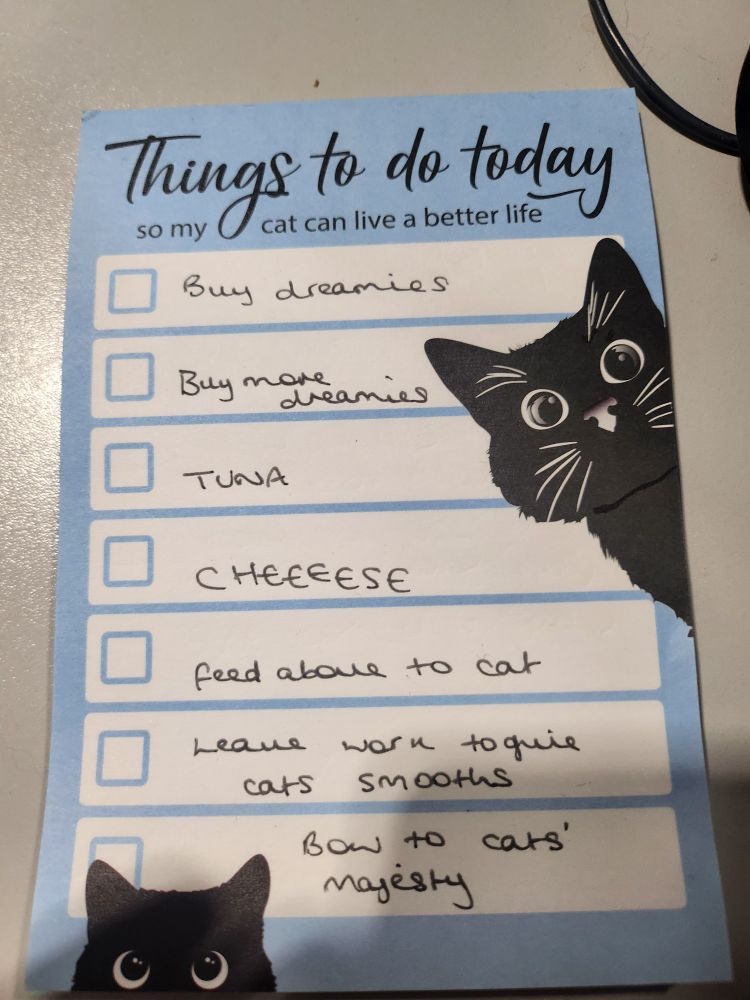 To do list that says "things to do today so my cat has a better life" with tick boxes. Someone has added in a list of treats the cat would want. 