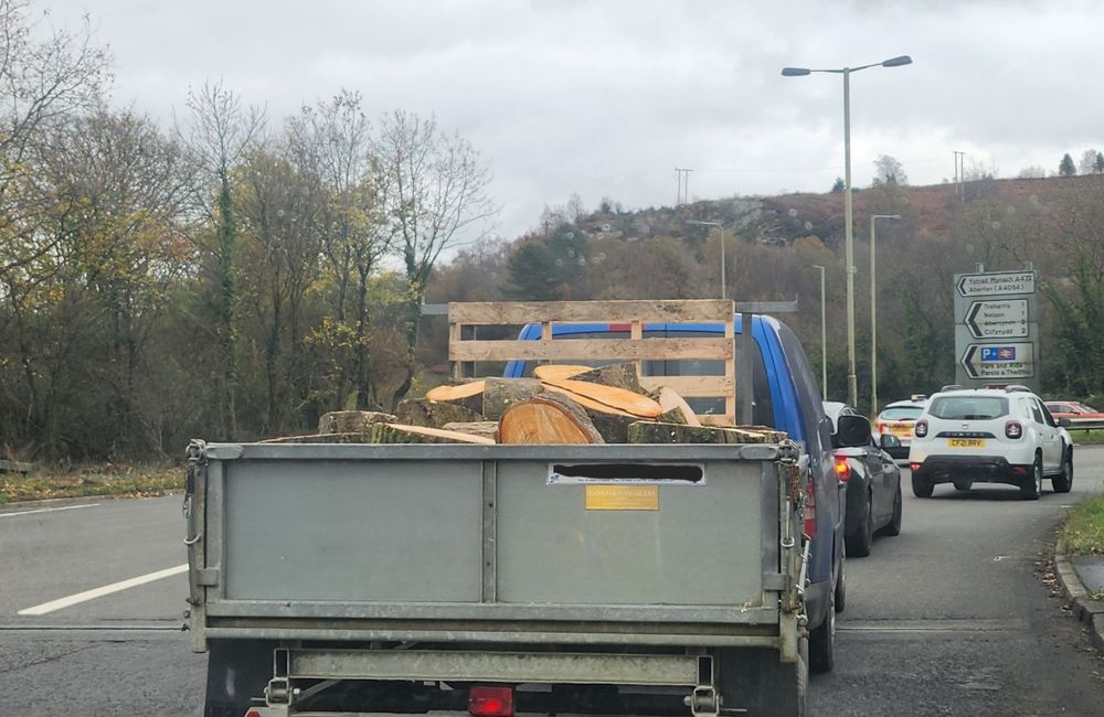 A vehicle with a trailer that contains chopped up tree logs. 