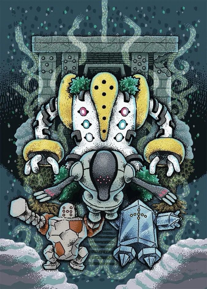 Photo of Regigigas tcg artwork showing Regigigas with Regice, Registeel, and Regirock in front of Snowpoint temple.