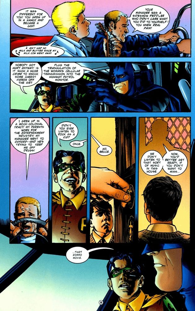 A page from Batman: Fortune Son explaining Bruce's deep hatred for the kids and their rock music.
