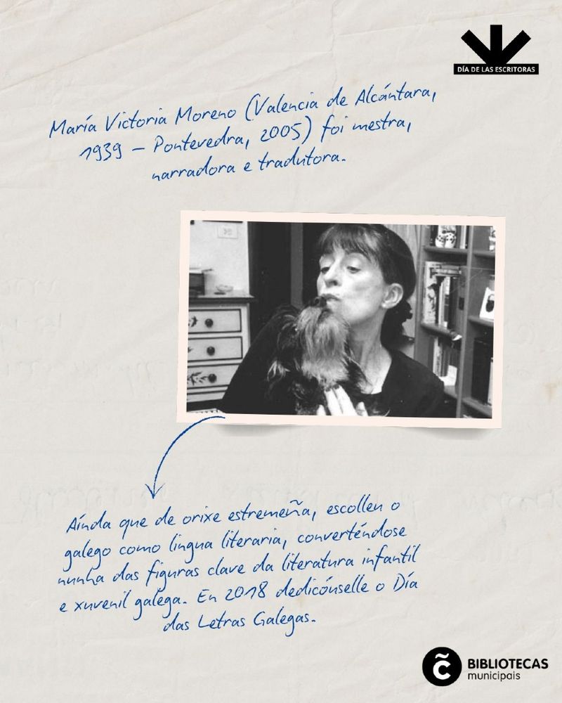 Collage en homenaje a María Victoria Moreno, con una foto de ella besando a un perro y texto destacando su contribución a la literatura gallega.