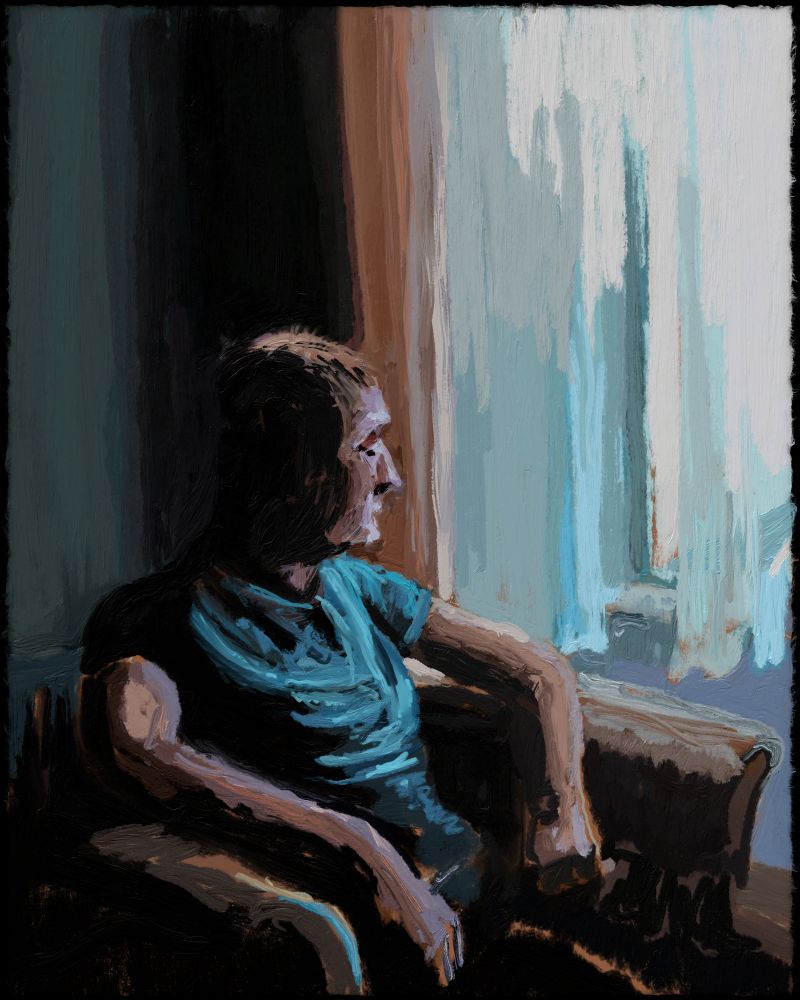 This digital painting depicts a contemplative figure seated in a chair, bathed in soft, diffused light streaming through a nearby window. The subject, wearing a teal shirt, is turned slightly toward the glow, their face partially illuminated in profile, while much of their form recedes into shadow. The brushstrokes are thick and expressive, blending muted blues, browns, and blacks to create a textured, almost impressionistic atmosphere. The contrast between the warm interior shadows and the cool, luminous tones from the window conveys a mood of quiet introspection, as though the figure is lost in thought or waiting in stillness.