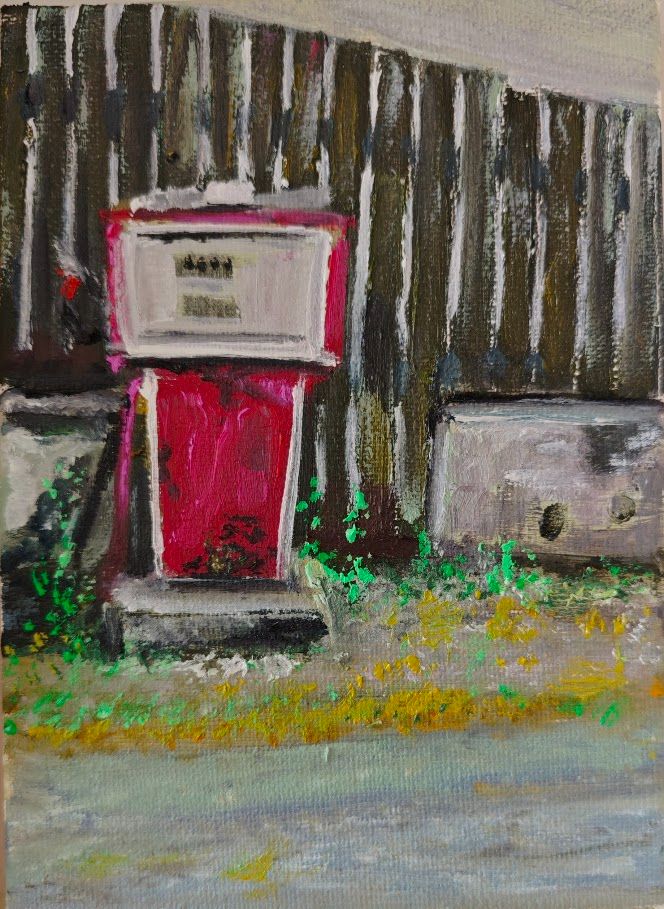 This oil painting captures a rustic, nostalgic scene centred around an old, red petrol pump standing against a weathered wooden fence. The bold red of the pump contrasts with the muted, earthy tones of the background, drawing immediate attention. The textures are rough and expressive, with thick brushstrokes and vibrant accents of green and yellow foliage creeping around the base, suggesting abandonment and the quiet reclaiming of man-made objects by nature. The overall composition evokes a sense of decay and memory, as if this forgotten relic stands as a silent witness to the past in a once-busy roadside stop.