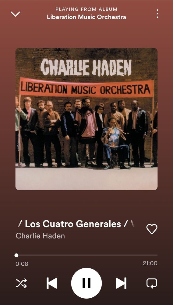 Screenshot of Spotify playing Charlie Haden's Liberation Music Orchestra, on the track Los Cuatro Generales