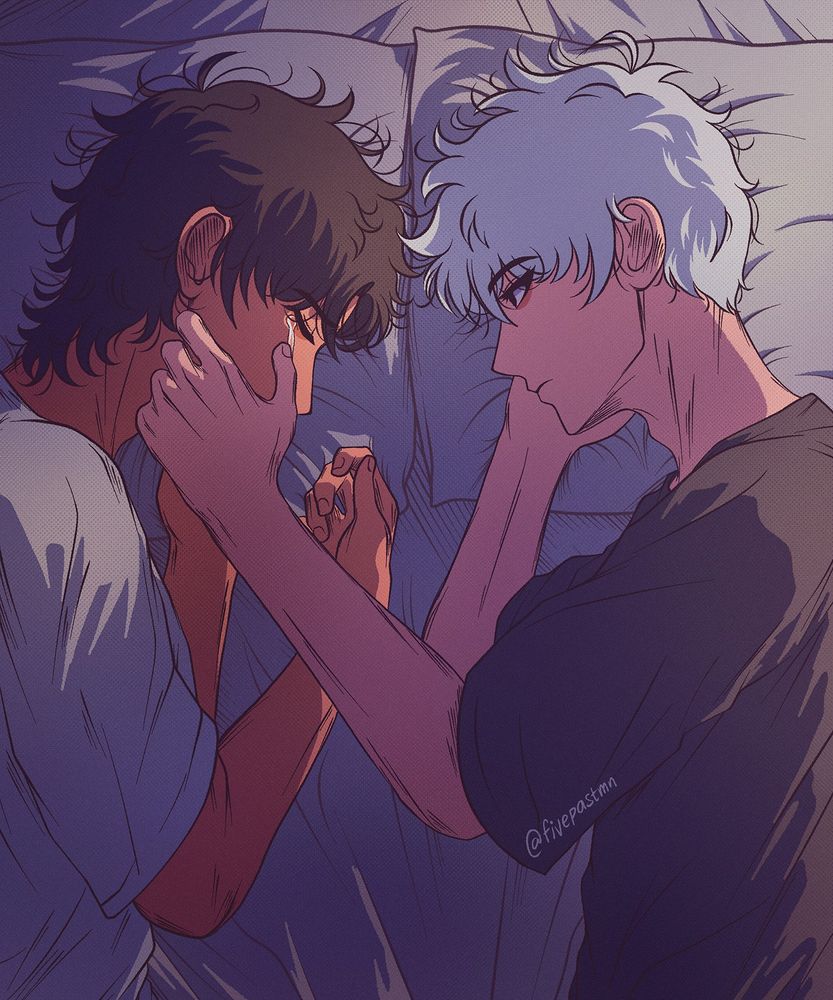An illustration of Cheng Xiaoshi and Lu Guang lying close together in bed. They are facing each other, Cheng Xiaoshi’s eyes closed while Lu Guang is looking at him. A tear slips from Cheng Xiaoshi’s eye and Lu Guang is reaching out to wipe it with his thumb.