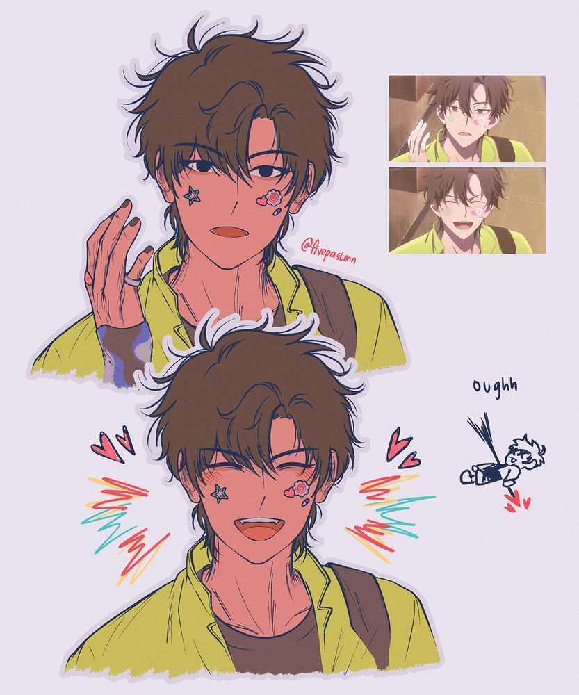 A redraw of Cheng Xiaoshi from the “Surprise Beat” backstage videos. The first drawing is of him looking surprised after the stickers were put on his face, and the next is of him grinning widely with his cheeks slightly flushed. Beside the main artwork is a small doodle of Lu Guang being shot in the chest with a heart-shaped arrow.