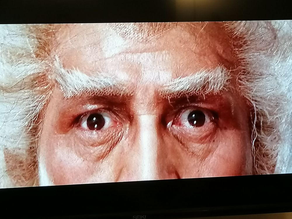 Close up from Shogun Assassin showing the Shogun's white lace front eyebrow wig above his staring eyes