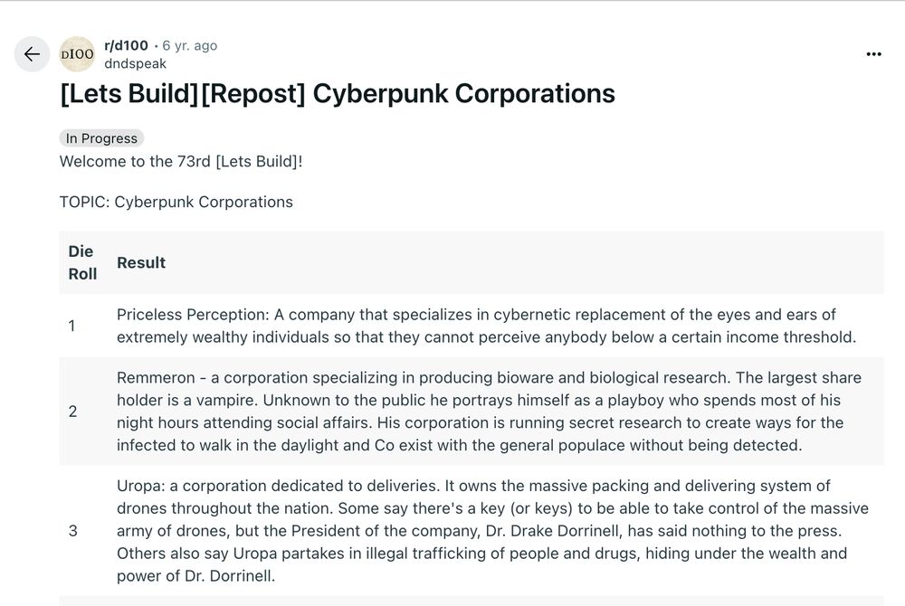 The first three entries of 100 cyberpunk corporations. Featuring Priceless Perception, Remmeron, and Uropa 