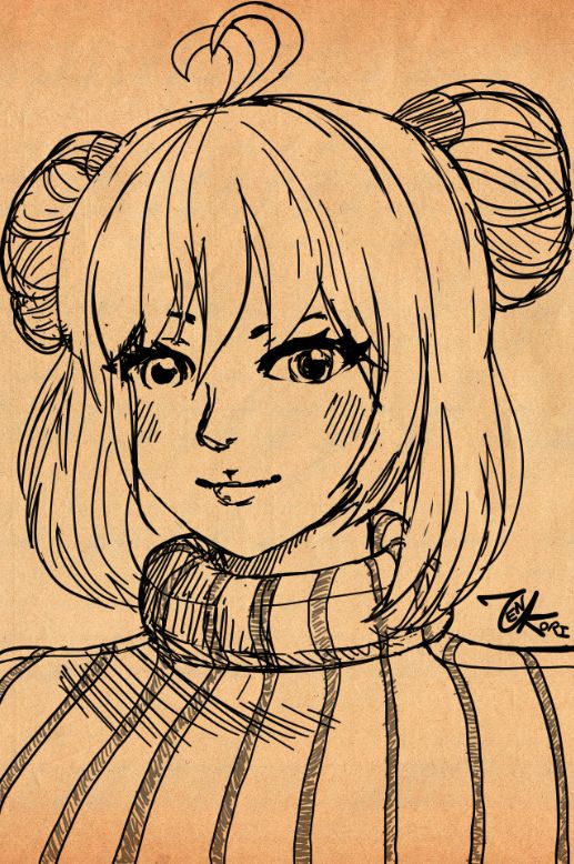 A sketch of Xion Estheim of Hyperion drawn on a warm paper-like background in what appears to be black ink, with the signature of the artist, Zenkori, signed on the bottom right side of the picture in the negative space. The doodle depicts Xion in a warm, striped turtleneck sweater with shoulder-length sideburns, messy cute bangs covering her forehead, two sidebuns on each side of her head, and two cowlicks atop her head. She smiles at the viewer with a slight blush on her face, and the sketch is lightly shaded with lines and crosshatching.