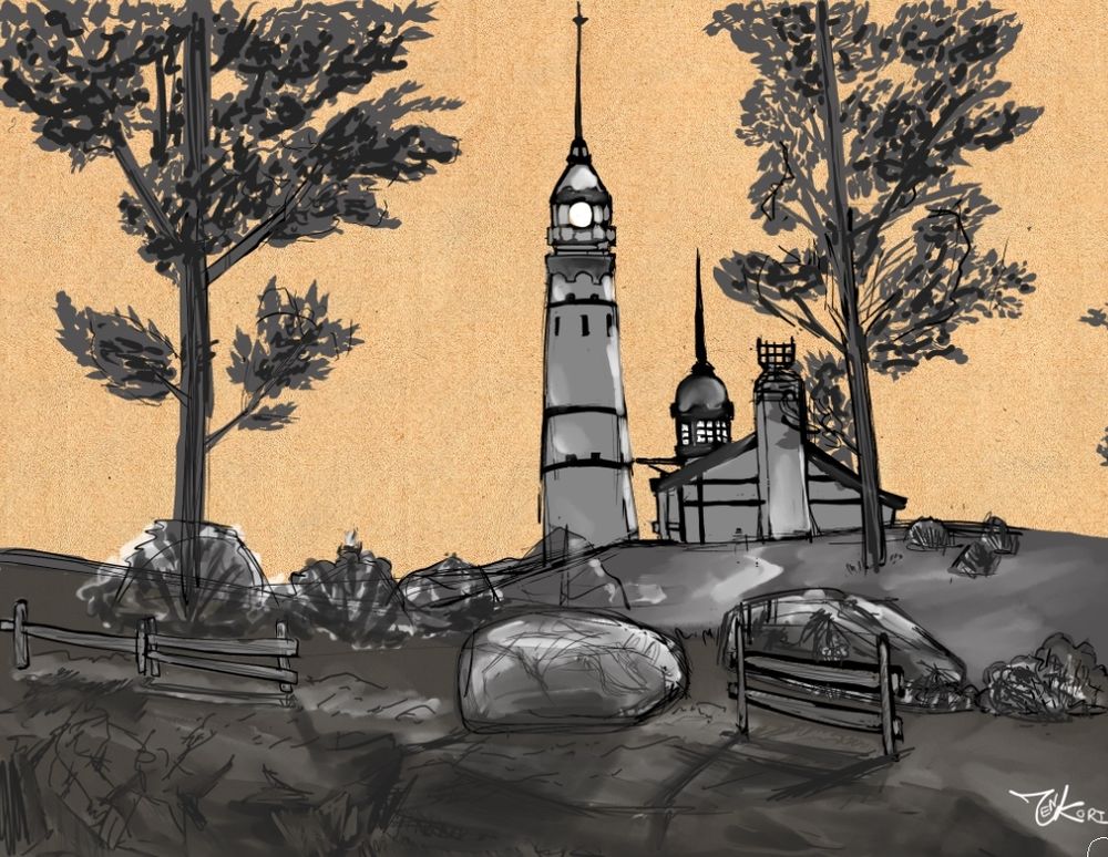 One of the two landscape doodles to come of the previous landscape practice art stream on Zenkori's Twitch channel. This one's a dual-toned rendition of the lighthouse at Oschon's Torch in Lower La Noscea, south of Moraby Drydocks, in Final Fantasy XIV. The lighthouse stands roughly center, with a building just off to the right, and flanked by a set of trees, bushes, rocks, and fences, a path leading up to the lighthouse. Just past the fences that line the foreground are hints of a cliff dropping off. The objects and place drawn are painted in greyscale, with the only color coming from the warmth of the yellow-ish paper background behind it, giving a contrast between buildings and sky. There's also some shading to the piece, with semi-rough darker outlines at certain points.