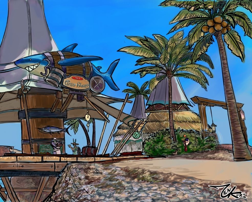 The fully finished and colored version of Zenkori's WIP of a landscape doodle of The Flying Shark in Costa del Sol, Eastern La Noscea on Final Fantasy XIV, featuring a cameo from @ondeadwings.bsky.social 's viera Zhen Wu Jiang, who's chilling at the counter of the seaside restaurant beside the priorietor roe, Dyrstweitz. They're under the giant canopy umbrella over a central wooden pillar with wooden beam suppports diagonally holding the umbrella's shape and fabric in place, and horizontal iron supports in intervals around the base main pillar. There's also a swordfish hanging above the proprietor's head, and a green chalkboard with a warm wooden border under that, and there's hints of beverage kegs on the countertop, with Jiang holding what looks like a shaker in his hands. The whole platform is suspended with layers of wooden beams and iron, and perched upon a rock for support, attaching to the main aetheryte of Costa del Sol, just out of view. There's sand and rocks, and bushes with leafy palm trees and coconuts overhead, and in the distance, a wooden ramp and archway with hanging lanterns and straw roofed tents with umbrella tarp tops and palm tree fronds at the very top of said umbrellas, just past the wooden ramp. The skies are a deep, bright blue. There's also a suspended 3D sign above the main building of The Flying Shark's restaurant, and it has a blue shark with a yellow-y white underbelly and sharp, angular teeth with a mouth in a grin wearing a barrel like a t-shirt around its body, a pale wooden tankard, and a plate with a knife and fork crisscrossed over each other on said plate, flanking & framing an iron-studded/bordered wooden sign that says "The Flying Shark", with the word "the" in a red horizontal oval, & "Flying Shark" in a shiny blue font. Also, the umbrellas have simply horizontal lines decorating its trimming, & a hint of blue hanging fabric on one of the tents in the distance. There's also a delivery moogle on the right side of the picture.