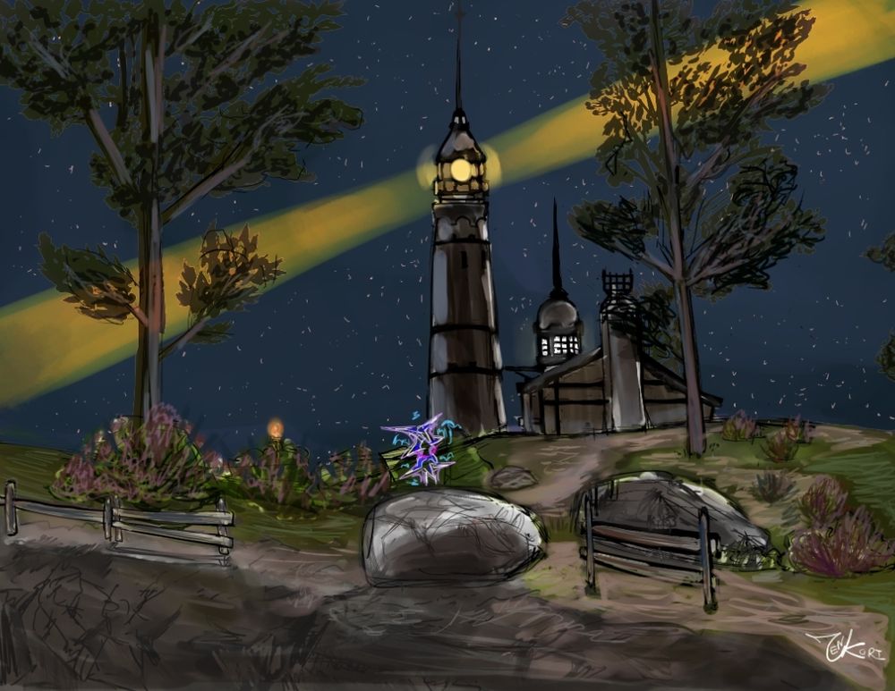 One of the two landscape doodles to come of the previous landscape practice art stream on Zenkori's Twitch channel. This one's a coloured rendition of the lighthouse at Oschon's Torch in Lower La Noscea, south of Moraby Drydocks, in Final Fantasy XIV. The lighthouse stands roughly center, with a building just off to the right, and flanked by a set of trees, bushes, rocks, and fences, a path leading up to the lighthouse. Just past the fences that line the foreground are hints of a cliff dropping off. The objects and place drawn are painted, with a mix of warm greens and cool pinks for some of the foliage, the buildings further away resembling white buildings in the dark with their shadings, reflective light painted a faint baby blue. The sky behind the lighthouse is a dark, starry sky with plenty of stars out, the warm yellow beams from the lighthouse itself active in this version, as well as a faint white glow from lit windows in the building right beside it. There's a small glow of a fiery torch behind some bushes, and a lightning sprite who may or may not be named Jerry by the viewers who'd witnessed this painting come to life on-stream.