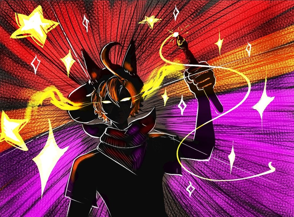 A drawing of a blacked out silhouette of Zenkori, the travelling artist fox vtuber, but with an inspired burst of dramatic color and lines emanating from behind and around him, a white rim light striking from behind and loosely curving around his form. His eyes glow with pure golden, flaming determination and inspiration, his left (our right) hand raised up to hoist a paintbrush as though holding a torch in a similar fashion to the Statue of Liberty, embracing art as freedom as golden paint or ink is drawn through the air in an S-curving set of swishes, sparkles and stars flying out from both him and it. There are hints of the orange of his hair, the reds of his beret and dual-toned purple and red neck kerchief, though only light smatterings akin to being dusted with powder.