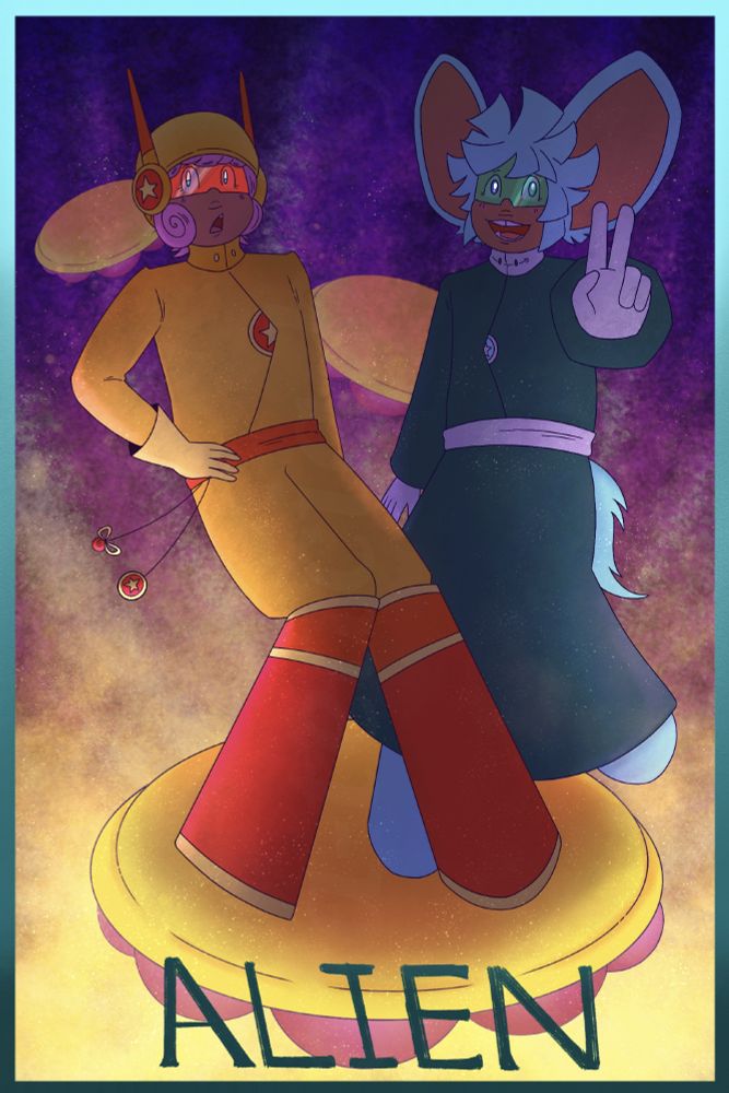 Kirby and Elfilin (human versions of them) are balancing on a flying saucer. Also, I had no idea there was a "GL" emoji on bsky omg! Girl love???