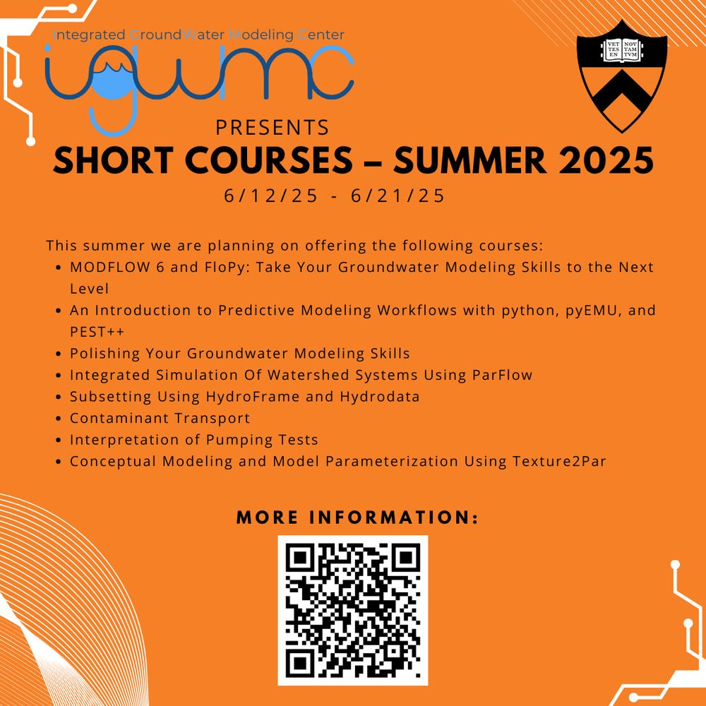 An orange promotional graphic for the Integrated GroundWater Modeling Center's Summer 2025 Short Courses, taking place from June 12 to June 21, 2025. The IGWMC logo and Princeton University shield appear at the top. The text lists planned course topics, including:
MODFLOW 6 and FloPy: Take Your Groundwater Modeling Skills to the Next Level
An Introduction to Predictive Modeling Workflows with Python, pyEMU, and PEST++
Polishing Your Groundwater Modeling Skills
Integrated Simulation of Watershed Systems Using ParFlow
Subsetting HydroFrame and Hydrodata
Contaminant Transport
Interpretation of Pumping Test 
Conceptual Modeling and Model Parameterization Using Texture2Par
A QR code labeled "More Information" appears at the bottom, linking to course and survey details.