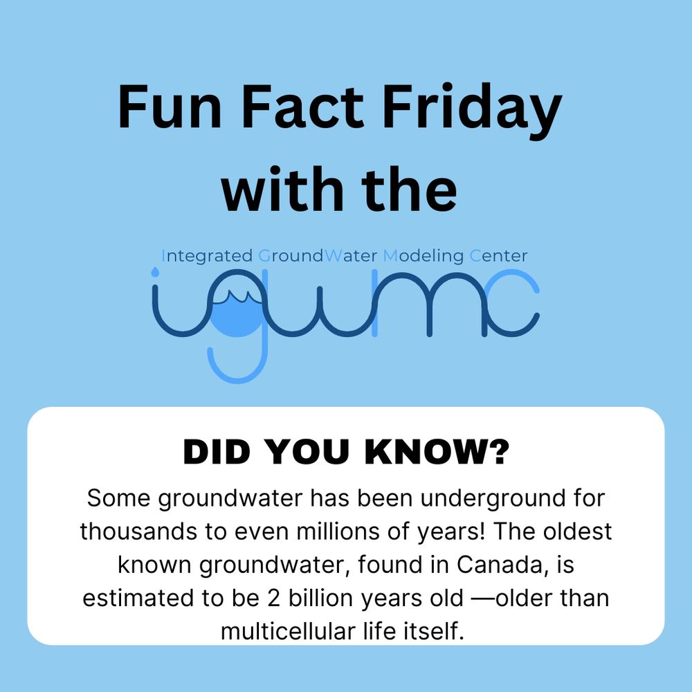  A light blue square graphic with bold black text at the top reading ‘Fun Fact Friday with the Integrated GroundWater Modeling Center.’ Below, the IGWMC logo features stylized blue and black text with a wave design. A white rounded rectangle contains bold black text saying ‘DID YOU KNOW?’ followed by a fact in smaller black font ‘Some groundwater has been underground for thousands to even millions of years! The oldest known groundwater, found in Canada, is estimated to be 2 billion years old—older than multicellular life itself.’ 