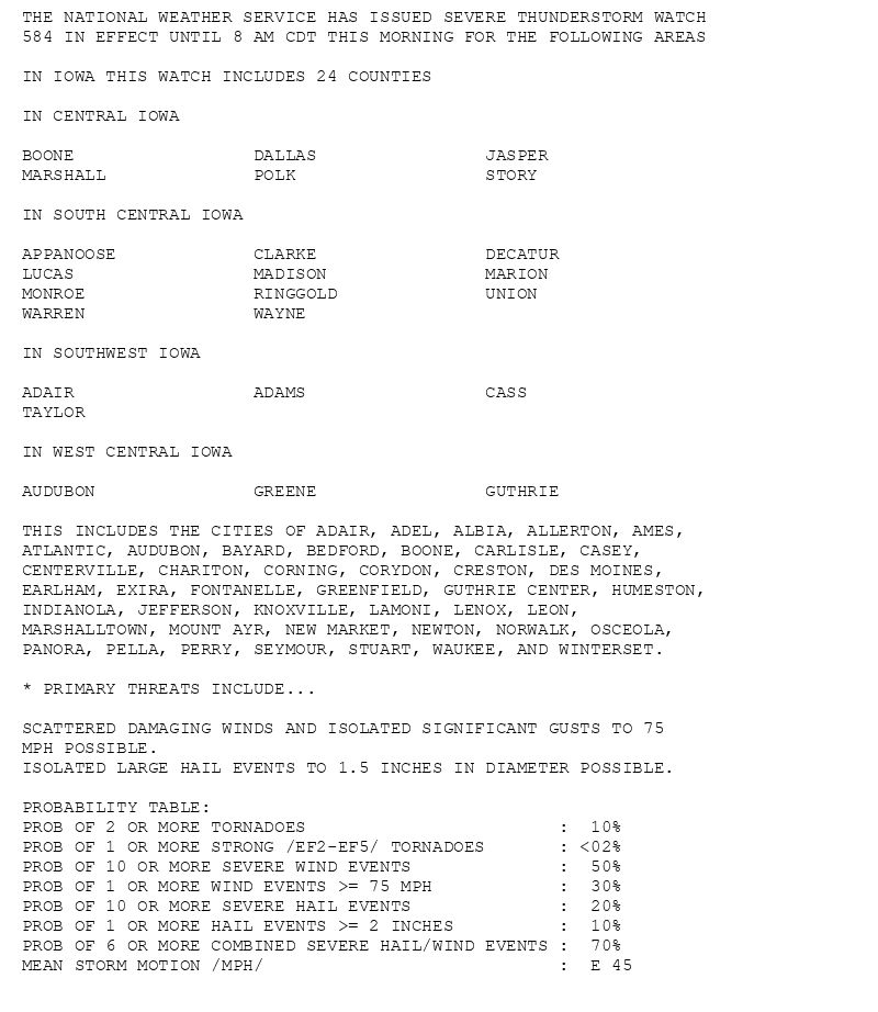 THE NATIONAL WEATHER SERVICE HAS ISSUED SEVERE THUNDERSTORM WATCH
584 IN EFFECT UNTIL 8 AM CDT THIS MORNING FOR THE FOLLOWING AREAS

IN IOWA THIS WATCH INCLUDES 24 COUNTIES

IN CENTRAL IOWA

BOONE                 DALLAS                JASPER
MARSHALL              POLK                  STORY

IN SOUTH CENTRAL IOWA

APPANOOSE             CLARKE                DECATUR
LUCAS                 MADISON               MARION
MONROE                RINGGOLD              UNION
WARREN                WAYNE

IN SOUTHWEST IOWA

ADAIR                 ADAMS                 CASS
TAYLOR

IN WEST CENTRAL IOWA

AUDUBON               GREENE                GUTHRIE

THIS INCLUDES THE CITIES OF ADAIR, ADEL, ALBIA, ALLERTON, AMES,
ATLANTIC, AUDUBON, BAYARD, BEDFORD, BOONE, CARLISLE, CASEY,
CENTERVILLE, CHARITON, CORNING, CORYDON, CRESTON, DES MOINES,
EARLHAM, EXIRA, FONTANELLE, GREENFIELD, GUTHRIE CENTER, HUMESTON,
INDIANOLA, JEFFERSON, KNOXVILLE, LAMONI, LENOX, LEON,
MARSHALLTOWN, MOUNT AYR, NEW MARKET, NEWTON, NORWALK, OSCEOLA,
PANORA, PELLA, PERRY, SEYMOUR, STUART, WAUKEE, AND WINTERSET.

* PRIMARY THREATS INCLUDE...

SCATTERED DAMAGING WINDS AND ISOLATED SIGNIFICANT GUSTS TO 75
MPH POSSIBLE.
ISOLATED LARGE HAIL EVENTS TO 1.5 INCHES IN DIAMETER POSSIBLE.

PROBABILITY TABLE:
PROB OF 2 OR MORE TORNADOES                        :  10%
PROB OF 1 OR MORE STRONG /EF2-EF5/ TORNADOES       : <02%
PROB OF 10 OR MORE SEVERE WIND EVENTS              :  50%
PROB OF 1 OR MORE WIND EVENTS >= 75 MPH            :  30%
PROB OF 10 OR MORE SEVERE HAIL EVENTS              :  20%
PROB OF 1 OR MORE HAIL EVENTS >= 2 INCHES          :  10%
PROB OF 6 OR MORE COMBINED SEVERE HAIL/WIND EVENTS :  70%
MEAN STORM MOTION /MPH/                            :  E 45