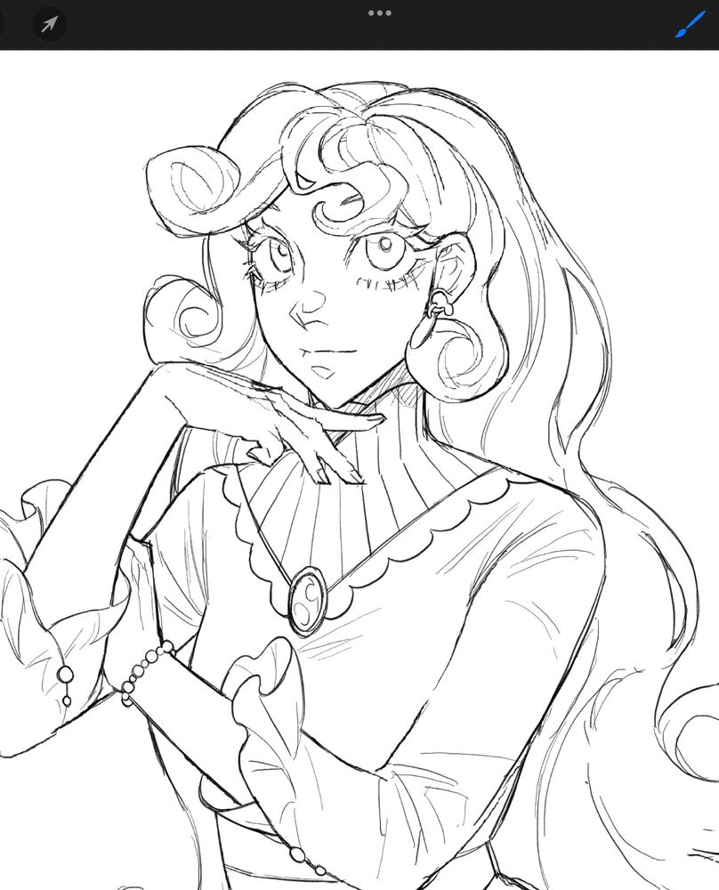 A wip colorless sketch of my witch girl oc Lisse Deniz Marsally, she wears an elegant outfit with small pearls, long wavy hair flowing down her back