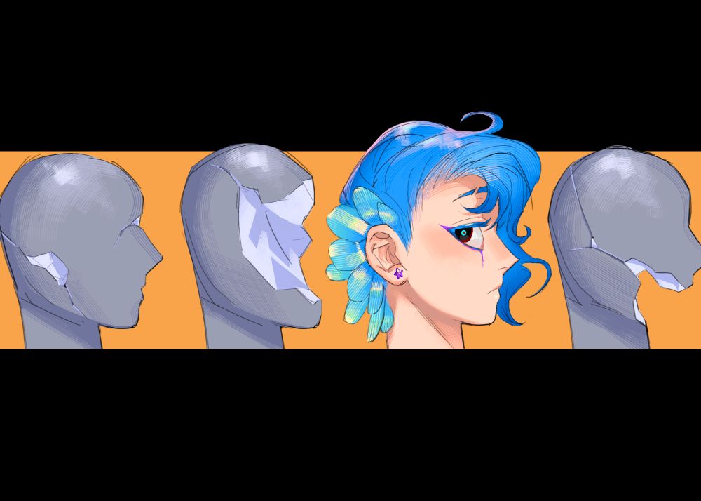 a long banner drawing of the side profiles of 3 statue heads, all broken in different ways, and a blue haired character in the middle, side-eyeing the viewer silently