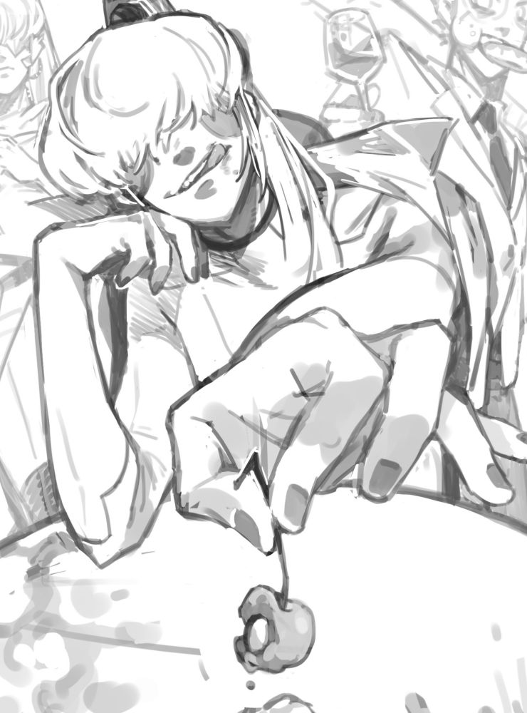 a wip cropped image of a sketch I made, showing my oc Cherry licking his lips, and holding a half eaten cherry