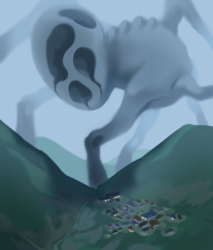 my day 3 kaijune drawing of a tiny townin the middle of mountains, and a many-legged monster thrice as tall & big as the mountains is looming over the town
