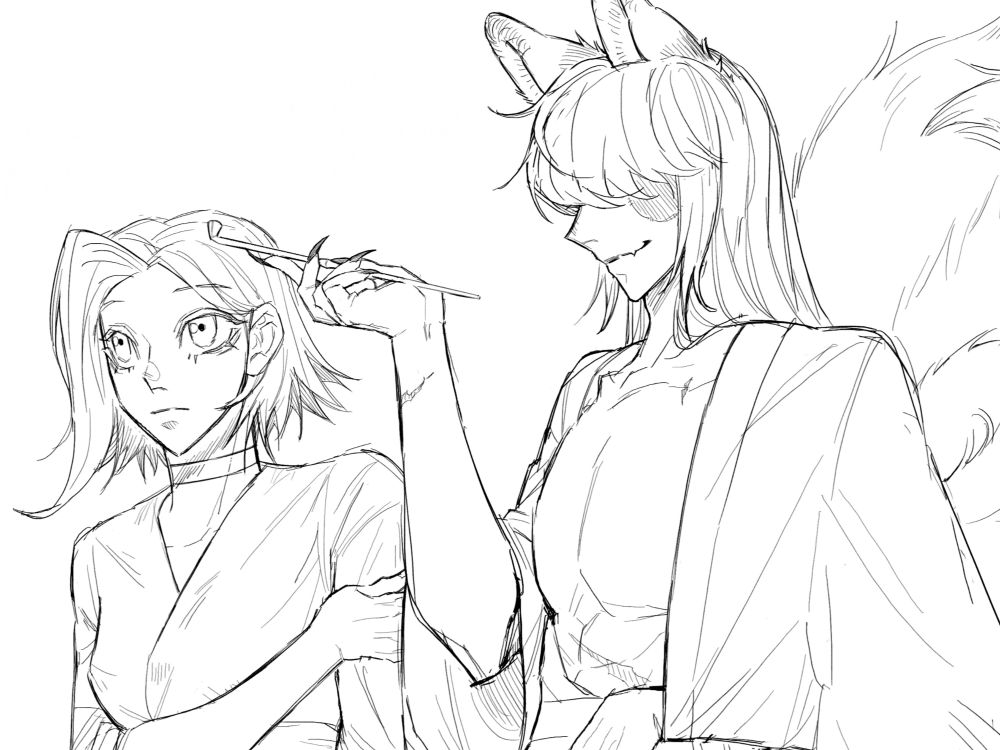 part of my drawing of my oc's Cherry and Sev, but alternate universe where cherry is a kitsune and Sev is a 'cursed' human left to die by her community