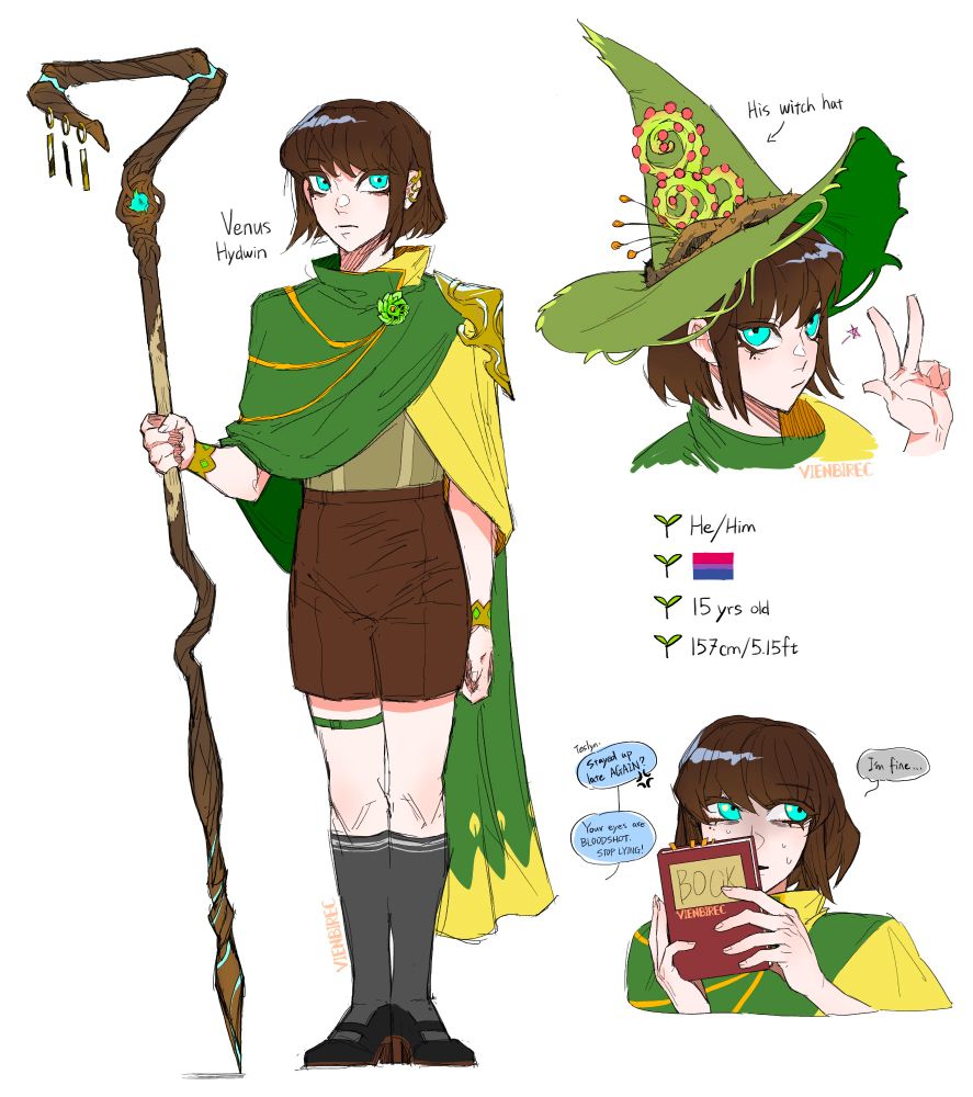 a simple reference sheet of my witch oc Venus Hydwin, displaying his full front design with some extra doodle & some basic info like height and age, etc
