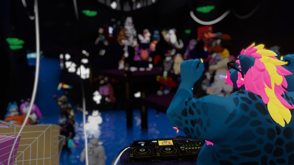 A pansexual pride bear yeen pumps his fists behind a DJ controller for a crowd of FKIN FURRIES at his birthday party, standing on top of wooden decks on the water. For some reason, there is a pile of cubes in the bottom-left corner too.