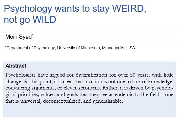 Screenshot of the article, "Psychology wants to stay WEIRD, not go WILD"