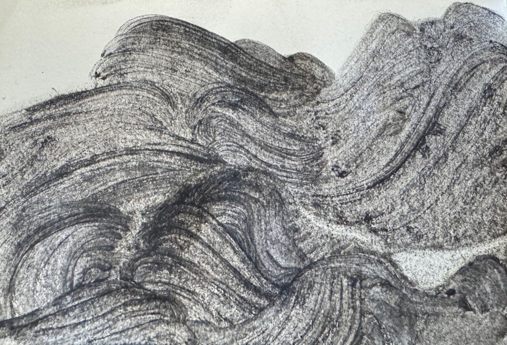 Wave drawing in charcoal, inspired by Hamonshū