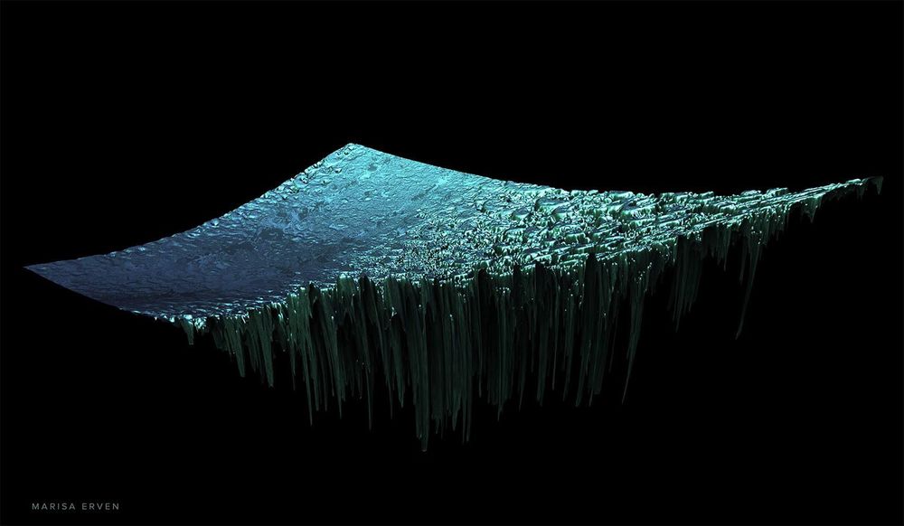 A blue green shape abstractly cascades across the screen, visually noise increases and enhances visual dissonance. The geometry becomes frenetic and chaotic, with streaks tearing downwards into the black void of the background.