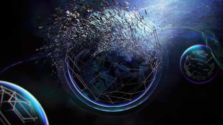 Giant blue data orb floats in the air, as bits of data fly off to a local data stream. In the background more ambient data storage servers float by.