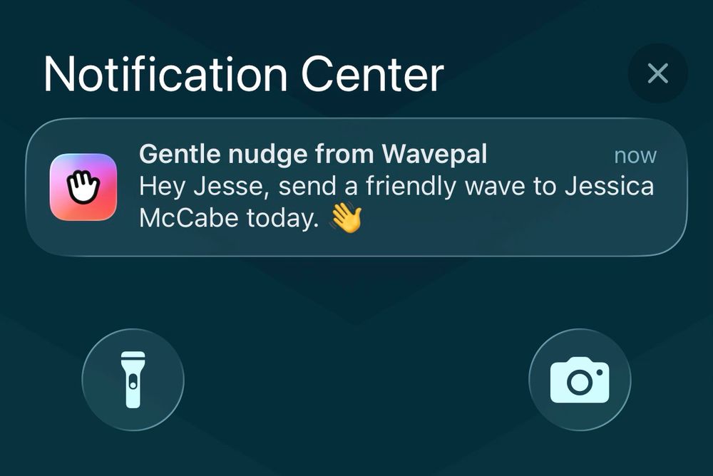 iPhone notification - “Gentle nudge from Wavepal: Hey Jesse, send a friendly wave to Jessica McCabe today. 👋”