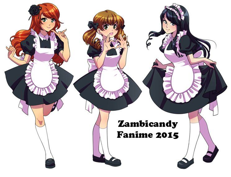 3 girls in maid costumes. The girl in the middle is making a heart with her hands and the girl on the right is doing a curtsy. 