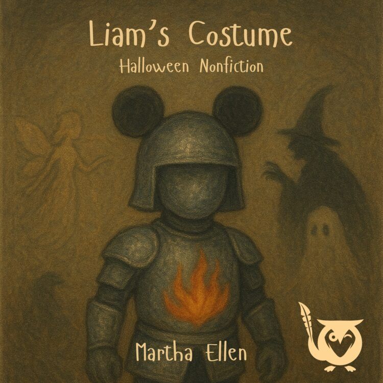 A square image with a dark, muted, and spooky art style, perfect for a Halloween theme. The image is dominated by deep brown and muted gold tones with the texture of a charcoal drawing on old paper. The central figure is a small child dressed in full metal armor with a brightly glowing orange flame painted on the chest plate. The helmet has two large, round ears, adding a whimsical touch to the knight almost as if it were mixed with mickey mouse. In the hazy background, ghostly silhouettes of a fairy/angel, a witch, and a ghost are faintly visible, giving the image a mysterious, childhood-dreamlike quality. The MockingOwl Roost logo is in the bottom right corner.
Text: Liam's Costume, Halloween Nonfiction, Martha Ellen